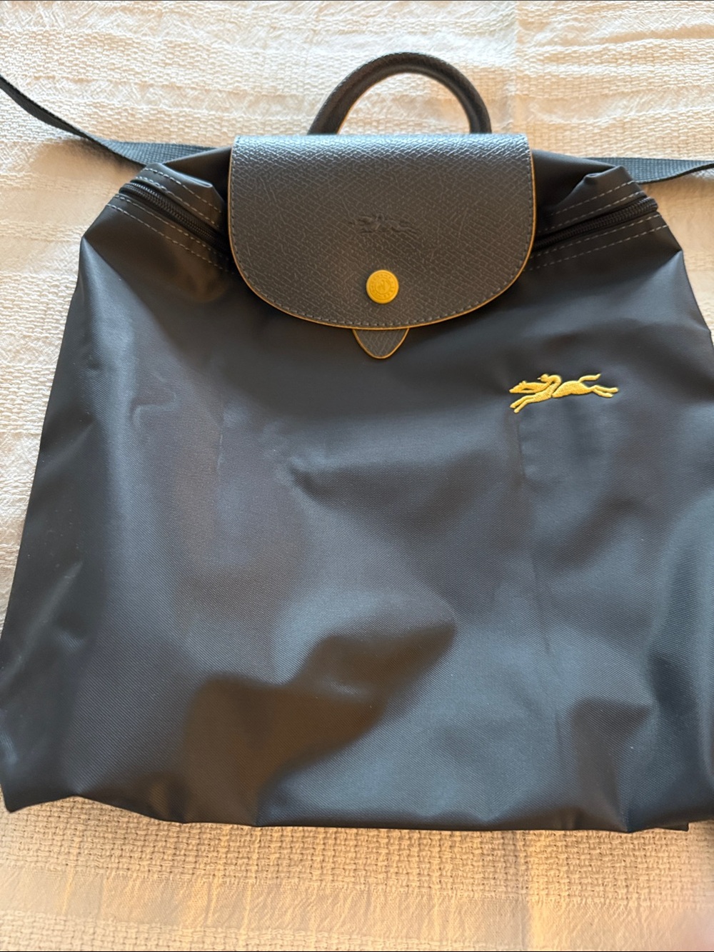 Longchamp Black Nylon Backpack with Yellow Logo